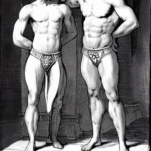 illustration by Christian Leyendecker of two handsome muscular men, with crowns, sensual, wearing white underwear, and egyptian jewerly, holding perfume bottles, standing at a palace, ,at a luxury palace, 