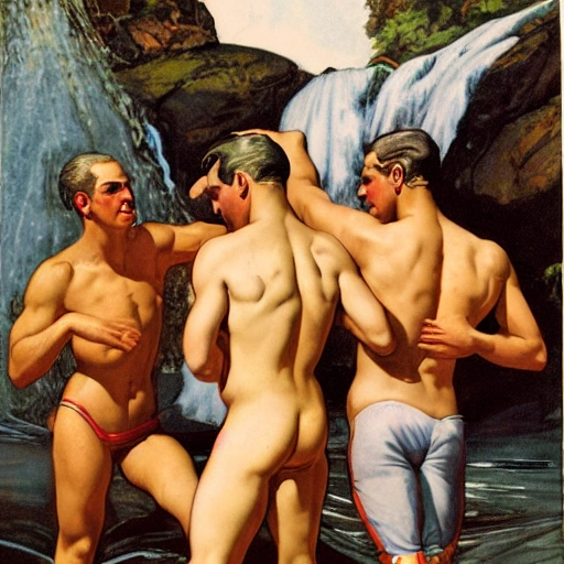 illustration by Joseph Christian Leyendecker of three beautiful handsome muscular men, sensual, swiming together under a waterfall 