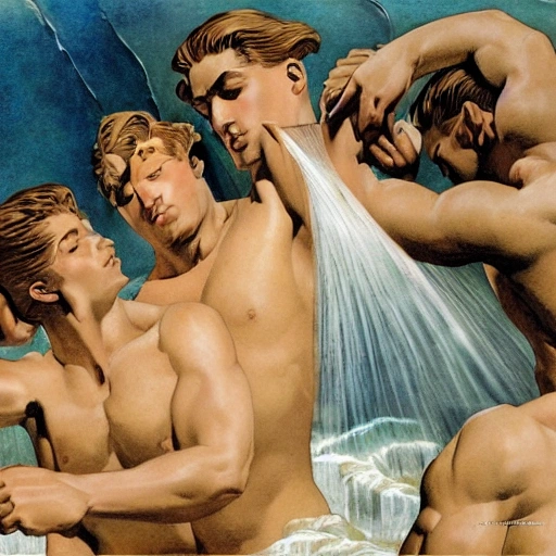 illustration by Joseph Christian Leyendecker of three beautiful handsome, symetrical faces, muscular men, sensual, swiming together under a waterfall, perfume advertise, perfume bottle