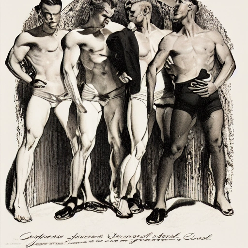 illustration by Joseph Christian Leyendecker of three beautiful handsome, symetrical faces, muscular men, sensual, standing under a waterfall, perfume advertise, perfume bottle