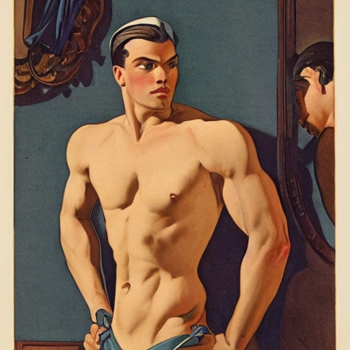 illustration by Joseph Christian Leyendecker of two handsome, symetrical faces, muscular men, sensual, getting dressed