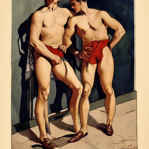 illustration by Joseph Christian Leyendecker of two handsome, symetrical faces, muscular men, sensual, getting dressed, full scene