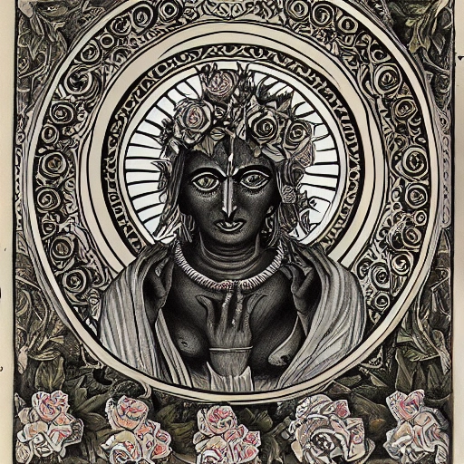 Fear form of Mother Kali with classical floral elements emanating from center of face, woodcutting template, decorative design, classical ornament, motif, bilateral symmetry, roses, leaves, flowers, buds, flowering buds, feathers, negative space, highly detailed etching, Water Color