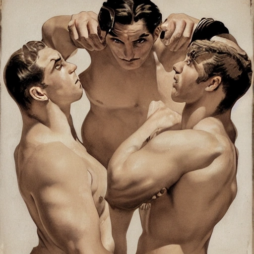 illustration by Joseph Christian Leyendecker of three beautiful handsome, symetrical faces, muscular men, sensual, staring at each other at a bathroom, wearing white boxers, lockeroom