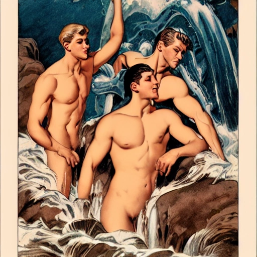 illustration by Joseph Christian Leyendecker of three beautiful handsome, symetrical faces, muscular men, sensual, swiming together under a waterfall, perfume advertise, perfume bottle, coloring page book