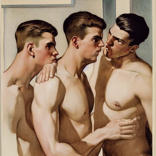 illustration by Joseph Christian Leyendecker of three beautiful handsome, symetrical faces, muscular men, sensual, staring at each other at a bathroom, wearing white boxers, lockeroom