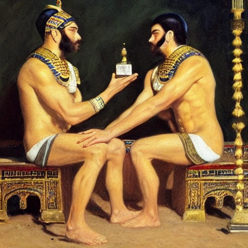 oil painting by Henry Scott Tuke, two muscular men,  wearing white and gold pharaoh clothes,  egyptian jewerly,  at a palace full of perfumes