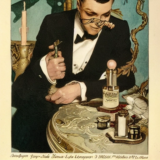 an illustration by Joseph Christian Leyendecker of a handsome male, creating perfumes at a palace with swans