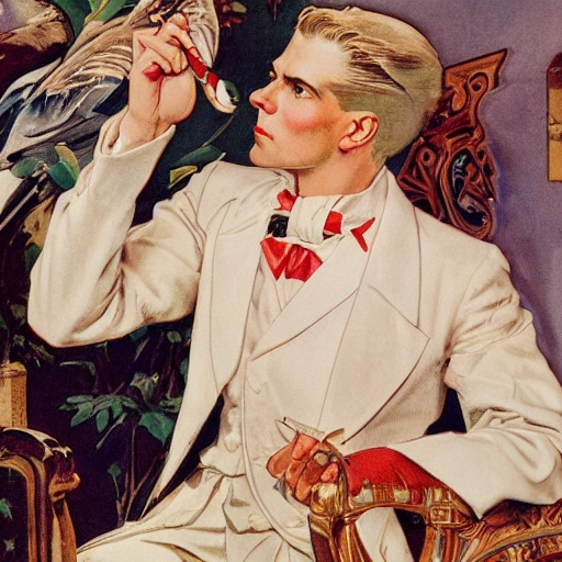 an illustration by Joseph Christian Leyendecker of a handsome male, creating perfumes at a palace with swans