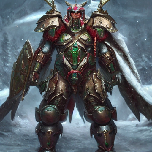 Full pladin armor santa, muscle extremely detailed, fantastic details full face, mouth, glowing green eyes, trending on artstation, pixiv, cgsociety, hyperdetailed unreal engine 4k 8k ultra hd, wlop, , Oil Painting, Water Color