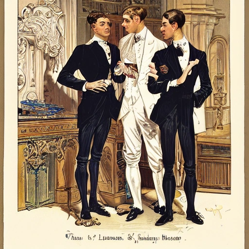 an illustration by Joseph Christian Leyendecker of three handsome male, creating perfumes at a palace with swans