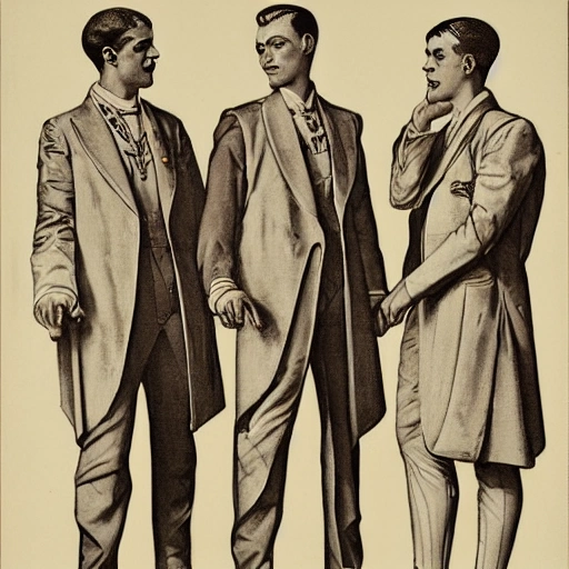 an illustration by Joseph Christian Leyendecker of three handsome male, wearing pharaoh clothes