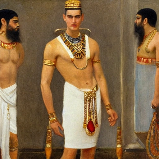 oil painting by Henry Scott Tuke, two full body muscular men,   handsome face, wearing white and gold pharaoh clothes,  egyptian jewerly,  at a palace full of perfumes