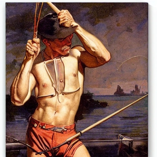 an illustration by Joseph Christian Leyendecker two handsome muscular male fishing