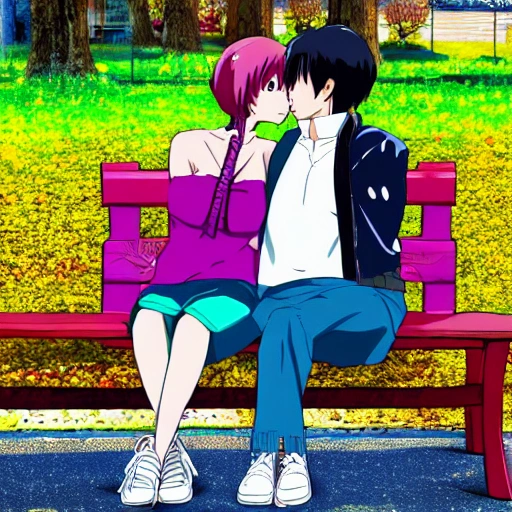 A lovely anime couple that kiss on a bench, Cartoon 