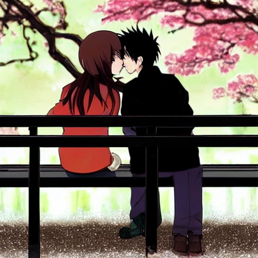 A lovely anime couple that kiss on a bench