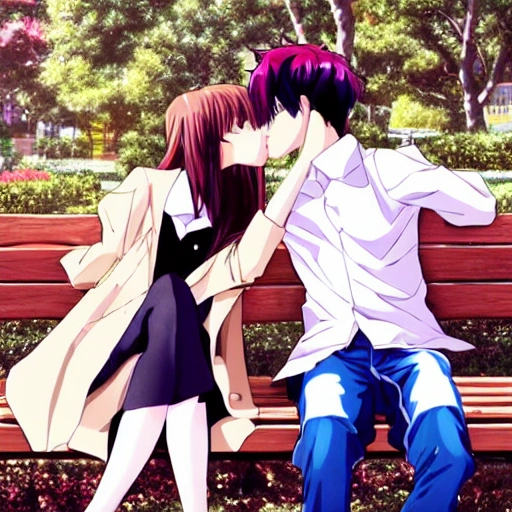 A lovely anime couple that kiss on a bench, Cartoon 