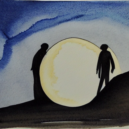 two persons looking the moon in a special beach, Water Color