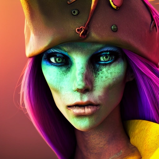 side close up portrait of 1 PIRATE girl, spotlight, FURUTRE CITY, wired, multicolored, vibrant high contrast, hyperrealistic, photografic, 8k, epic ambient light, octane render, Trippy