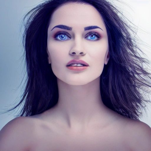 Mujer de piel blanca, con ojos azules, pelo rizado, senos grandes y caderas pronunciadas, mirada sensual, postura de modelo, ropa intima, piernas hermosas, rostro hermoso, cuerpo atletico, rostro angelical. 4k 