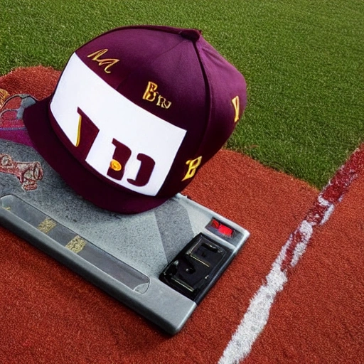 Jugador de Beisball, bateador, con uniforme color vinotinto, con una letra "V" en el uniforme de color amarillo, gorra blaco con un V , Posición de Bateo, con un v vinotintocon un campo de beisbol de fondo, en 4k. 