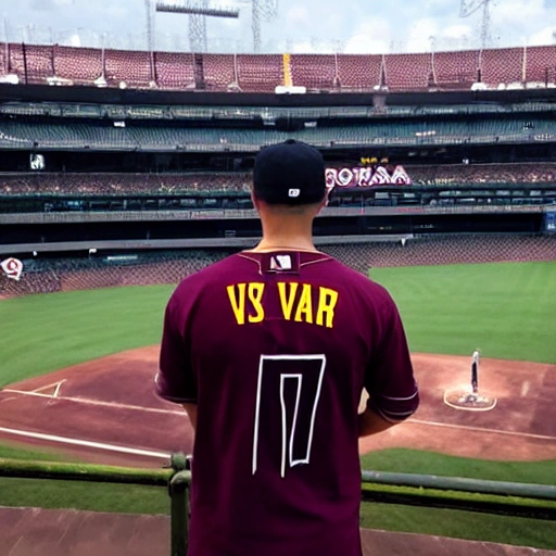 Jugador de Baseball, con uniforme color vinotinto, con una letra "V" en el uniforme, con un campo de beisbol de fondo, en 4k. 