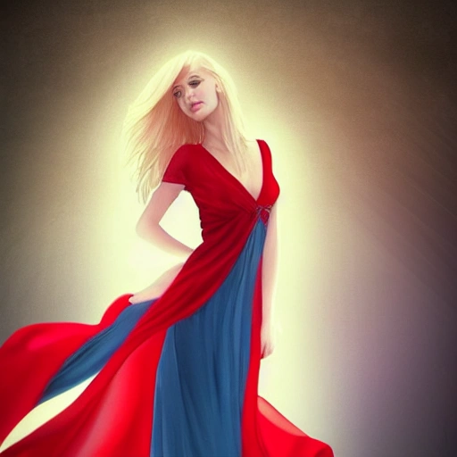 blonde woman blue eyes wearing a long flowing red dress, future pretty girl face, long black hair, tall skinny full body, standing under lamppost, detailed, Glamor Shot, Beautiful Lighting, Artstation ,, Trippy