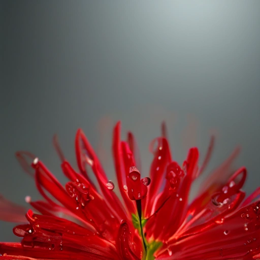 Lycoris Radiata flower, photorealistic, 4k, hq, ultrarealistic, unreal engine, rtx, high contrast, low exposure, saturation, soft lighting, top view, dew drops