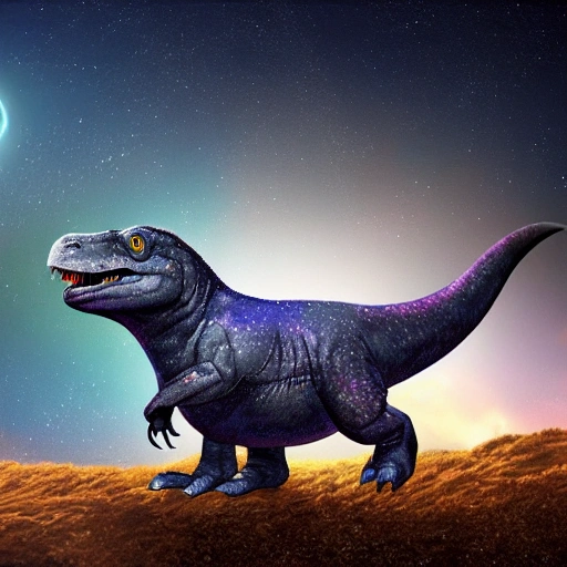 cute baby trex with a telescope, starry sky, milkyway, saturn in the sky, detailed image, 4k, hyper-realistic, 3d