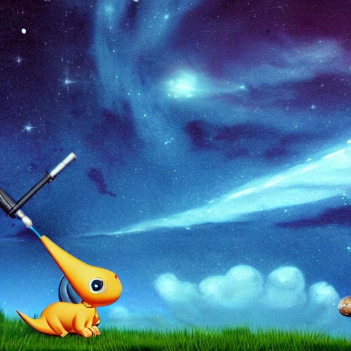 cute baby dino with a telescope, starry sky, milkyway, saturn in the sky, detailed image, 4k, hyper-realistic, 3d