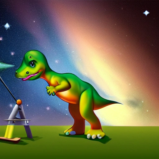 cute baby dinosaur with a telescope, starry sky, milkyway, saturn in the sky, detailed image, 4k, hyper-realistic, 3d
