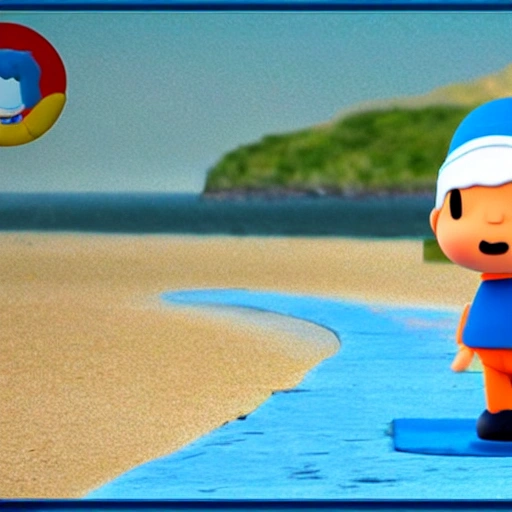 Pocoyo as a real kid walking in the beach