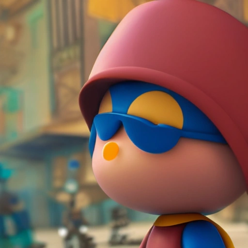 detailed, close up portrait of pocoyo standing in a steampunk city with the wind blowing in her hair, cinematic warm color palette, spotlight