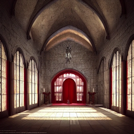 /Imagine Prompt: Throne room, dimly lit room, stone walls, large throne, tapestries, stained glass windows, candles, red carpet, guards, door leading to the outside, Matte Painting.
