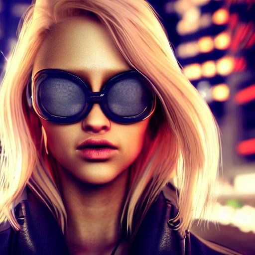 side close up portrait of blonde girl, detailed face, spotlight, cyberpunk city, wired, multicolored, vibrant high contrast, hyperrealistic, photografic, 8k, epic ambient light, octane render
