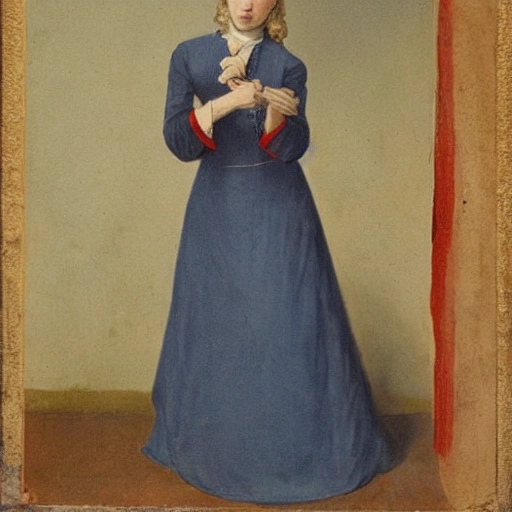 blonde Russian woman blue eyes wearing a long flowing red dress, requesting a revolver, 19 century