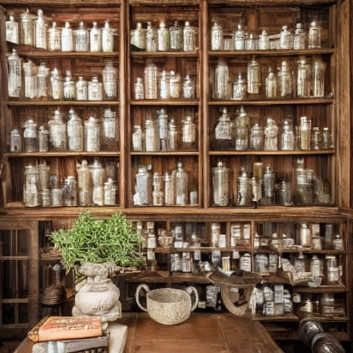 /Imagine Prompt: 900s Chinese apothecary, shelves filled with jars and bottles, dried herbs hanging from the ceiling, stone mortar and pestle, wooden counter, fireplace with a cauldron, scrolls and books on a desk, assistant grinding herbs, Matte Painting.
