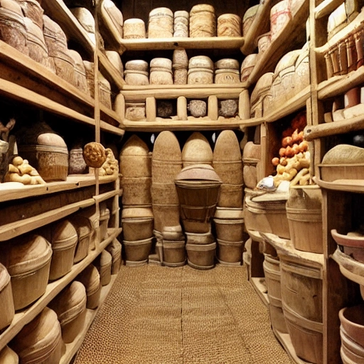 /Imagine Prompt: 1200s Medieval European pantry, wooden shelves, baskets of fruits and vegetables, dried meats, jars of pickled items, sacks of grains and beans, clay pots for storing liquids, wooden barrels, cobwebs, low light, Matte Painting.
