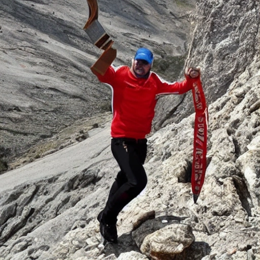 tigre levabtando un trofeo de campeon en la cima de una montaña, Trippy