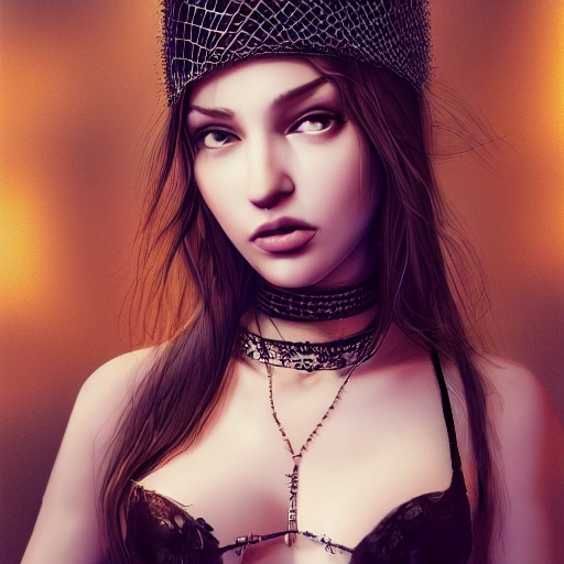 hyper realistic portrait of sexy girl, in a club, having a feather cap, a choker and luxurious necklaces, slender and slim, detailed eyes, coherent symmetrical face, digital art, perfect anatomy, hyper detailed, highly intricate, concept art, award winning photograph, rim lighting, sharp focus, 8k resolution wallpaper, smooth, denoise