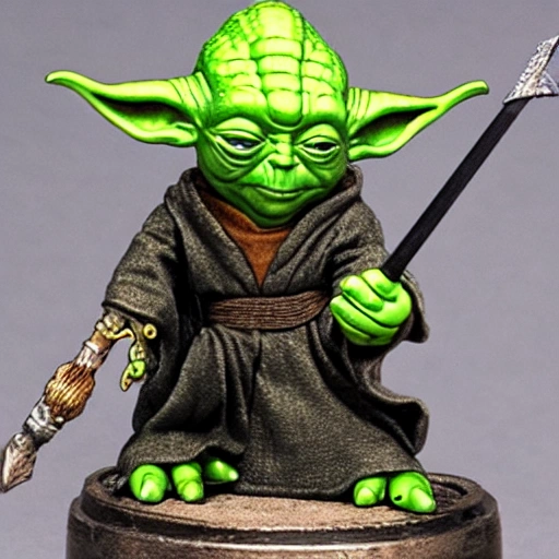 Master Yoda in fantasy-patterned medieval steel armor with an obsidian-tipped spear