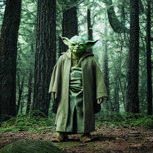 professional portrait photograph of a yoda in forest with long sin glasses, photograph