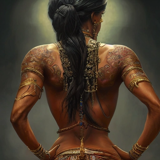 painting of dark muscular oiled indian woman back, ultra realistic, concept art, intricate details, eerie, highly detailed, photorealistic, octane render, 8 k, unreal engine. art by artgerm and greg rutkowski and alphonse mucha