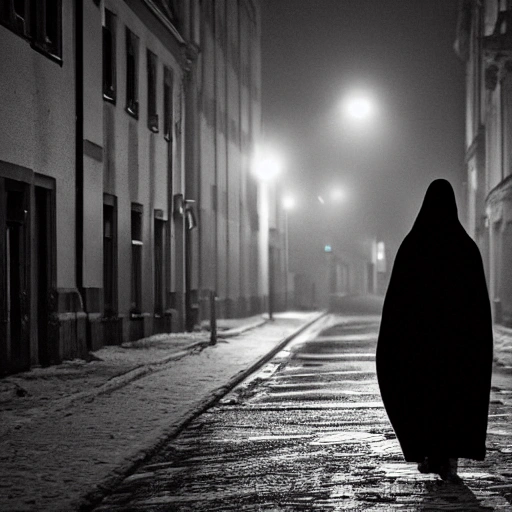 The photo captured a hooded figure walking through the streets of Berlin on a winter night. The figure's face was obscured, leaving their identity and intentions unknown. The streets were dark and mostly empty, save for a few other figures in the distance, creating a sense of isolation and loneliness. Despite the bitter cold, the figure walked with purpose, as if they had a specific destination in mind. They moved quickly, their boots echoing on the pavement, and seemed to be taking great care to avoid being seen or heard. The city around the hooded figure was a mix of old and new, with modern architecture and bright lights juxtaposed against historic buildings and dark alleys. The photo conveyed a sense of mystery and danger, as if the figure was both a part of the city and yet somehow separate from it. In the end, the photo was a reminder of the many faces of Berlin, from its vibrant cultural scene to its darker underbelly. The hooded figure was just one of the many secrets that the city held, waiting to be discovered by those brave enough to venture into the unknown.