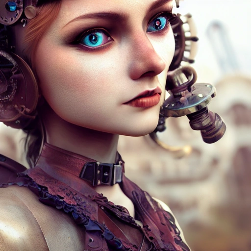 side close up portrait of 1 girl, steampunk, windblown long hair, detailed face, detailed body, spotlight, steampunk city, multicolored, hyperrealistic, photografic, 8k, epic ambient light, octane render