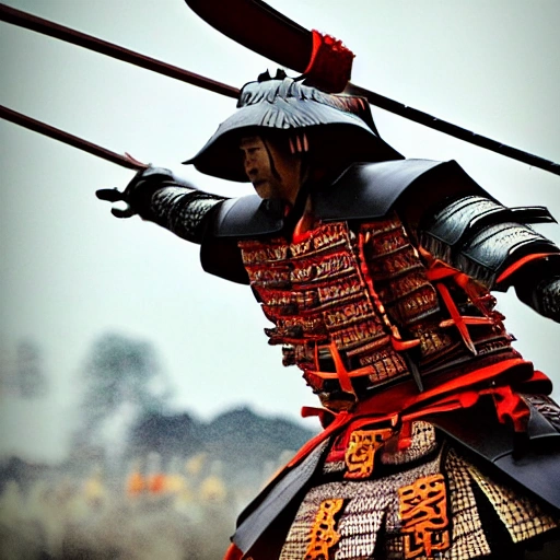 Visualize a powerful samurai in the midst of an important historical moment, displaying their skill and bravery as they make a decisive move that will change the course of history