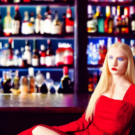 blonde woman blue eyes wearing a long flowing red dress, requesting a cocktail at a bar, on new years eve, in a bladerunner dystopian future