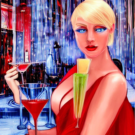 blonde woman blue eyes wearing a long flowing red dress, requesting a cocktail at a bar, on new years eve, in a bladerunner dystopian future:: --v 4, 3D