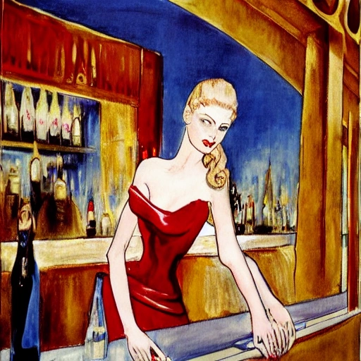 blonde woman blue eyes wearing a long flowing red dress, requesting a cocktail at a bar, on new years eve, in a bladerunner dystopian future:: eugene delacroix::1 --v 4