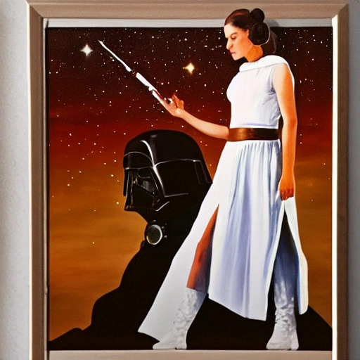 a photo of princess leia in a model pose, in a desert and galactic clothing, Oil Painting